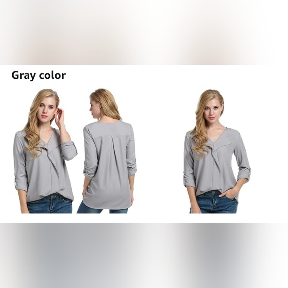 Women's Gray Loose Solid Blouse V Neck, Cuffed Sleeve Size XXL